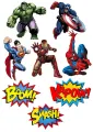Obdélníkový jedlý papír k výřezu – Avengers, hrdinové a bubliny BOOM a SMASH (zelená, červená, modrá)