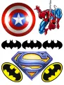 Obdélníkový jedlý papír k výřezu – Avengers, Spider-Man, štít a Batmanova loga (modrá, červená, žlutá)