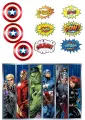Obdélníkový jedlý papír k výřezu – Avengers, hrdinové, štíty a komiksové zvuky (červená, modrá, žlutá)