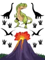 Obdélníkový jedlý papír k výřezu – Dinosauři, zelený T-Rex u kouřící sopky (zelená, červená, černá)