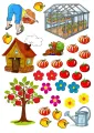 Obdélníkový jedlý papír k výřezu – Farma, chaloupka, skleník a jabloň (zelená, červená, žlutá)