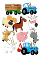 Obdélníkový jedlý papír k výřezu – Farma, traktory a zvířátka ze dvora (modrá, hnědá, růžová)