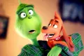 Obdélníkový jedlý obrázek na dort – Grinch, v županu se psem Maxem (zelená, červená, hnědá)