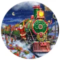 Kulatý jedlý obrázek na dort – Vánoční motiv, Santa Express se skřítky (červená, zelená, modrá)