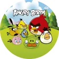 Kulatý jedlý obrázek na dort – Angry Birds, celá parta s prasátkem na louce (zelená, červená, žlutá)