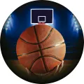 Kulatý jedlý obrázek na dort – Basketbal, míč v rukou a modrá aréna (žlutá, modrá, černá)