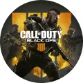 Kulatý jedlý obrázek na dort – Call of Duty, Black Ops s ohnivou čtyřkou (černá, žlutá, šedá)