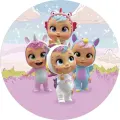 Kulatý jedlý obrázek na dort – Cry Babies, Čtveřice na pastelové obloze (růžová, fialová, modrá)