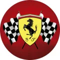 Kulatý jedlý obrázek na dort – Ferrari, znak SF se zkříženými vlajkami (červená, žlutá, černá)