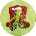 Kulatý jedlý obrázek na dort – Grinch, v křesle s pejskem Maxem a nápisem (zelená, červená, hnědá)