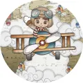 Kulatý jedlý obrázek na dort – Letadlo, malý pilot ve dvouplošníku a mapa (hnědá, modrá, bílá)