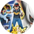 Kulatý jedlý obrázek na dort – Pokémon, Ash, Pikachu a legendární tvorové (modrá, žlutá, bílá)