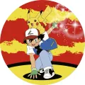 Kulatý jedlý obrázek na dort – Pokémon, Ash v bojové póze a jiskry (červená, žlutá, modrá)