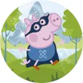 Kulatý jedlý obrázek na dort – Prasátko Peppa, superhrdina s pláštěm (modrá, zelená, růžová)
