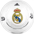 Kulatý jedlý obrázek na dort – Real Madrid, fotbalový míč se znakem (bílá, modrá, zlatá)