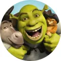 Kulatý jedlý obrázek na dort – Shrek, Shrek s Oslíkem a Kocourem (zelená, modrá, hnědá)