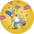 Kulatý jedlý obrázek na dort – Simpsonovi, bitva o donuty na žlutém pozadí (žlutá, růžová, modrá)