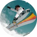 Kulatý jedlý obrázek na dort – Snowboard, trik a prkno s retro pruhy (modrá, bílá, tyrkysová)