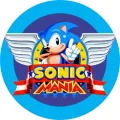Kulatý jedlý obrázek na dort – Sonic, emblém s křídly a nápisem Mania (modrá, bílá, červená)