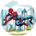 Kulatý jedlý obrázek na dort – Spiderman, houpání mezi prosklenými domy (červená, modrá, bílá)