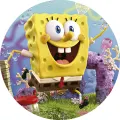 Kulatý jedlý obrázek na dort – SpongeBob, 3D styl s medúzami a bublinami (žlutá, modrá, fialová)