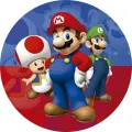 Kulatý jedlý obrázek na dort – Super Mario, Mario, Luigi a Toad na modro-červené (červená, modrá, bílá)