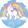 Kulatý jedlý obrázek na dort – Jednorožec, Unicorn: Poník na obláčcích s duhou (modrá, růžová, duhová)