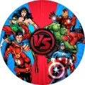 Kulatý jedlý obrázek na dort – Avengers vs Justice League, souboj hrdinů (červená, modrá)