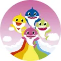 Kulatý jedlý obrázek na dort – Baby Shark, žraločí rodinka u duhy na nebi (růžová, žlutá, modrá)