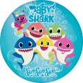 Kulatý jedlý obrázek na dort – Baby Shark, rodinka a liška se šnorchlem (modrá, tyrkysová, růžová)
