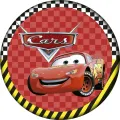 Kulatý jedlý obrázek na dort – Cars, McQueen s logem a šachovnicí (červená, černá, žlutá)