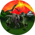 Kulatý jedlý obrázek na dort – Dinosaur, T-Rex u soptícího vulkánu (zelená, červená, černá)