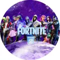 Kulatý jedlý obrázek na dort – Fortnite, Hrdinové z Chapter 2 ve vesmíru (fialová, modrá, bílá)