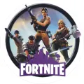 Kulatý jedlý obrázek na dort – Fortnite, Čtveřice hrdinů a silueta města (fialová, modrá, černá)