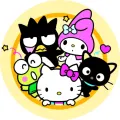 Kulatý jedlý obrázek na dort – Hello Kitty, s přáteli a hvězdičkami (růžová, černá, bílá)