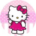 Kulatý jedlý obrázek na dort – Hello Kitty, mávající v tečkovaných šatech (růžová, bílá)