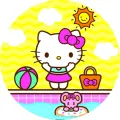 Kulatý jedlý obrázek na dort – Hello Kitty, letní scéna u bazénu (žlutá, růžová, modrá)