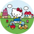 Kulatý jedlý obrázek na dort – Hello Kitty, v lacláčích s myškou v autíčku (modrá, zelená, červená)