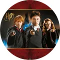 Kulatý jedlý obrázek na dort – Harry Potter, trojice v bordó rámu (červená, černá, zlatá)