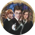 Kulatý jedlý obrázek na dort – Harry Potter, trojice přátel a kouzlo (hnědá, černá, zlatá)