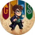 Kulatý jedlý obrázek na dort – Harry Potter, hůlka a čtyři prapory kolejí (červená, modrá, zelená)
