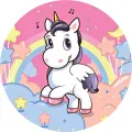 Kulatý jedlý obrázek na dort – Jednorožec, Unicorn: Okřídlený s notami a balonky (růžová, modrá, bílá)