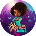 Kulatý jedlý obrázek na dort – Karmas World, koncert s publikem a logem (fialová, tyrkysová, růžová)