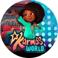 Kulatý jedlý obrázek na dort – Karmas World, Karma v pokoji s nápisem (tyrkysová, fialová, růžová)
