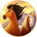 Kulatý jedlý obrázek na dort – Kůň Spirit, mustang se strakatou klisnou (hnědá, žlutá, bílá)