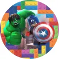 Kulatý jedlý obrázek na dort – Lego Avengers (zelená, modrá, červená)
