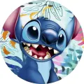 Kulatý jedlý obrázek na dort – Lilo a Stitch, Stitch a tropické akvarelové listy (modrá, tyrkysová, růžová)