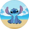 Kulatý jedlý obrázek na dort – Lilo a Stitch, Stitch na pláži u moře s palmami (modrá, tyrkysová, žlutá)