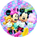 Kulatý jedlý obrázek na dort – Mickey a Minnie, šachovnice, vata a medvídek (růžová, tyrkysová, žlutá)