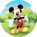 Kulatý jedlý obrázek na dort – Mickey Mouse, otevřená náruč na louce s duhou (zelená, modrá, červená)
